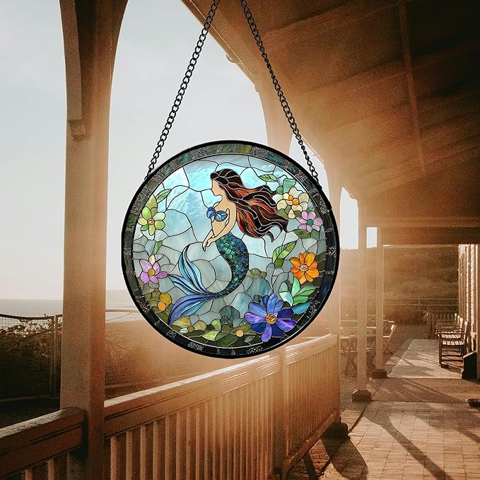 JOSUMALY Stained Glass Window Hanging - Light Blue Mermaid Suncatcher for Door Terrace Garden Home Decor, Ocean Flowers Sun Catcher Birthday Gifts for Lovers Women Men Dad Mom Nana 11.8 in