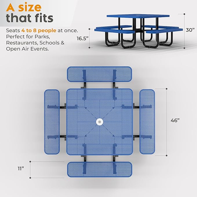 Metal Picnic Tables for Outdoors with Umbrella Hole - Coated Steel Heavy Duty Commercial Grade Furniture with Adjustable Seats (Blue, 46 in, Square, Punched Steel)