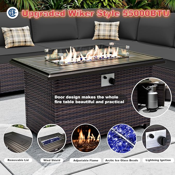 Outdoor Patio Furniture Set with Fire Pit Table, 7 Pieces Patio Furniture Set Outdoor Sectional Sofa w/43in Propane Fire Pit, PE Wicker Rattan Patio Conversation Sets - Black