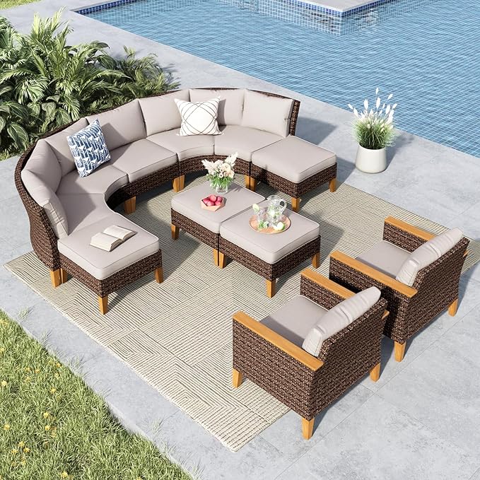 MFSTUDIO Extra Large Wicker Patio Furniture Sets, 10 Pieces All-Weather Half-Moon Curved Rattan Patio Sectional Sofa Set Outdoor Conversation Set with 4" Thick Beige Cushions for Backyard Porch