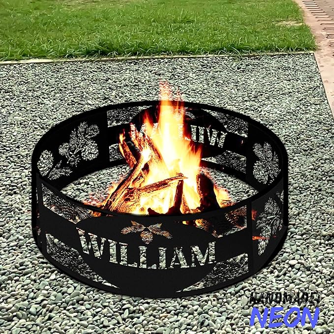Personalized Fire Pit Ring Pine Bough Custom Name Rustic Metal Campfire Ring 360 Degree Fire Pit Outdoor BBQs Backyard Camping Garden Decor for Father Dads