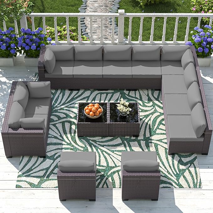 Outdoor Patio Furniture Set, 14 Pieces Outdoor Sectional Furniture Patio Sofa, All-Weather PE Rattan Patio Conversation Set with Tempered Glass Top Table & Cushions(Grey).