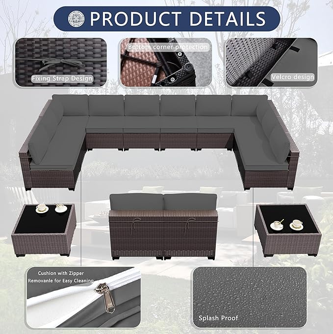 Outdoor Patio Furniture Set, 14 Pieces Outdoor Sectional Furniture Patio Sofa, All-Weather PE Rattan Patio Conversation Set with Tempered Glass Top Table & Cushions(Grey).