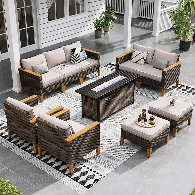 Sophia & William Patio Furniture Set with 56-Inch Fire Pit Table, 4 Corner Sofa, 3 Single Chairs, 2 x Ottoman, Outdoor Wicker Sectional Sofa Patio Conversation Set for Pool,Deck,Lawn (Beige)