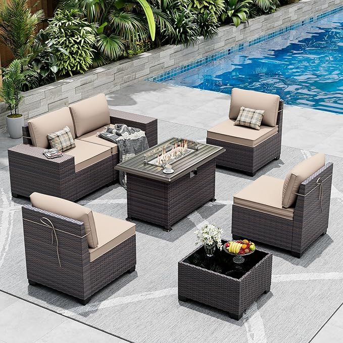 Outdoor Patio Furniture Set with Gas Fire Pit Table, 7 Pieces Patio Furniture Set Outdoor Sectional Sofa w/43in Propane Fire Pit, PE Wicker Rattan Patio Conversation Sets - Sand.