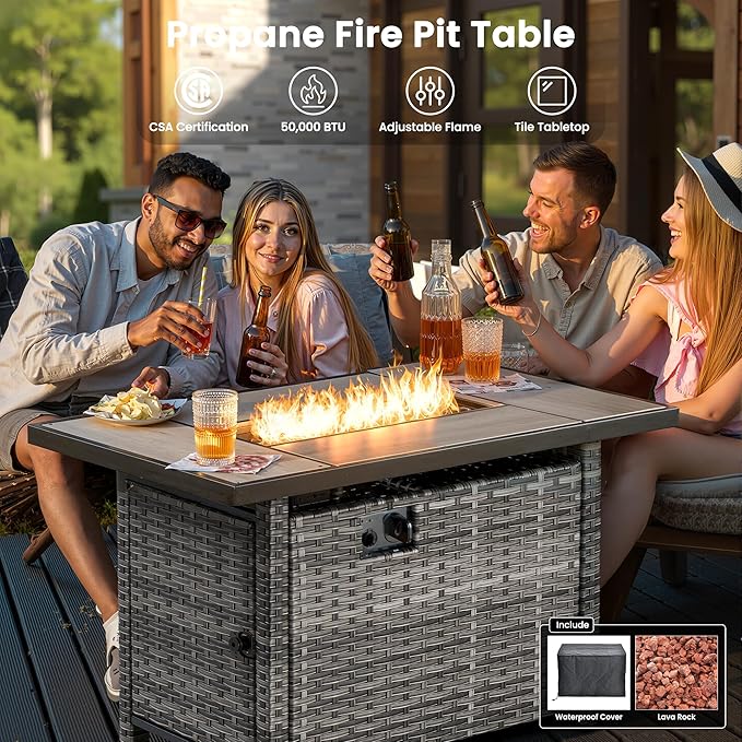 ovios 6 Pieces Patio Furniture Set with 42" Fire Pit Table, Outdoor Wicker Sofa with Comfy Cushions, All Weather High Back Rattan Couch Conversation Set, Grey