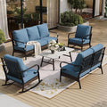 SUNSHINE VALLEY 5 Piece Metal Outdoor Patio Furniture Set, Patio Conversation Set with 3-Seater Sofa, Loveseat, 2 Rocking Sofa (5.75" Thick Cushion) & Coffee Table Black Backyard Furniture, Denim Blue