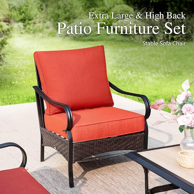 Sophia & William Patio Furniture Set with Fire Pit Table, 5 PCS Metal Outdoor Conversation Set with Fire Pit Table, 2 Sofa Chairs,1 Loveseat, 3-Seater Couch for Outdoor Seating, Backyard, Porch(Red)