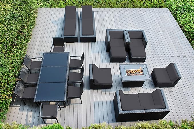 20 Piece Outdoor Patio Furniture Black Wicker Conversation Set with Fully Assembled Sectional and 42-inch Propane Gas Fire Table