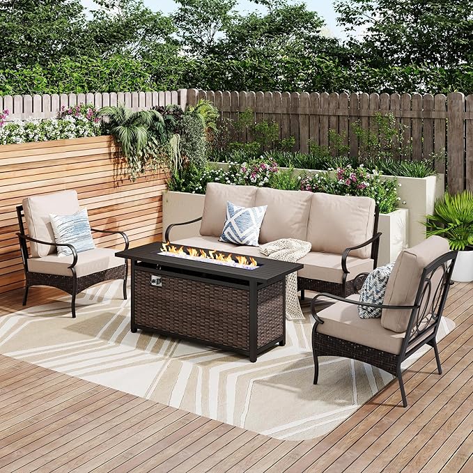 Patio Furniture Set with 56" Fire Pit Table, Premium Outdoor Wicker Metal Frame Furniture with Upgraded Waterproof Thick Cushions for Porch, Poolside, Deck, and Yard （4 Pieces,Beige）