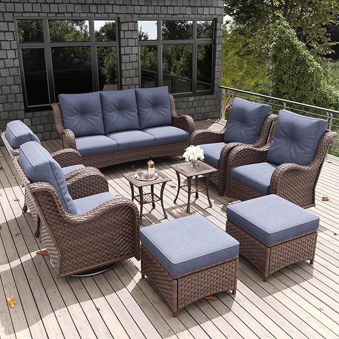 LayinSun 9 Pieces Outdoor Patio Furniture Set, Rattan Wicker Sectional Swivel Rocker Chairs Sets with Ottomans, Swivel Glider Chairs,Single Chairs and Coffee Table