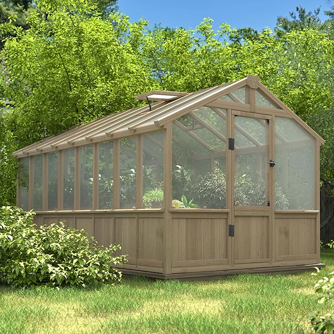 BlueWish 8x16FT Wood Greenhouse, Greenhouses with Cedar Frame, 6MM Thick Polycarbonate Panel, Wooden Green House with Adjustable Vent, Greenhouse for Outdoor, Patio, Garden, Backyard
