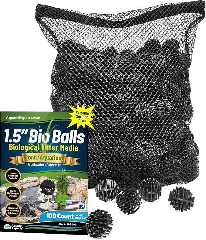 Aquatic Experts Bio Balls Filter Media Bulk, 1.5 Inch Large Bio Balls for Pond & Aquarium Filters, Pond Filter Media for Outdoor Ponds, (100 Count with 10" x 12" Mesh Bag, 1.5 Inch)