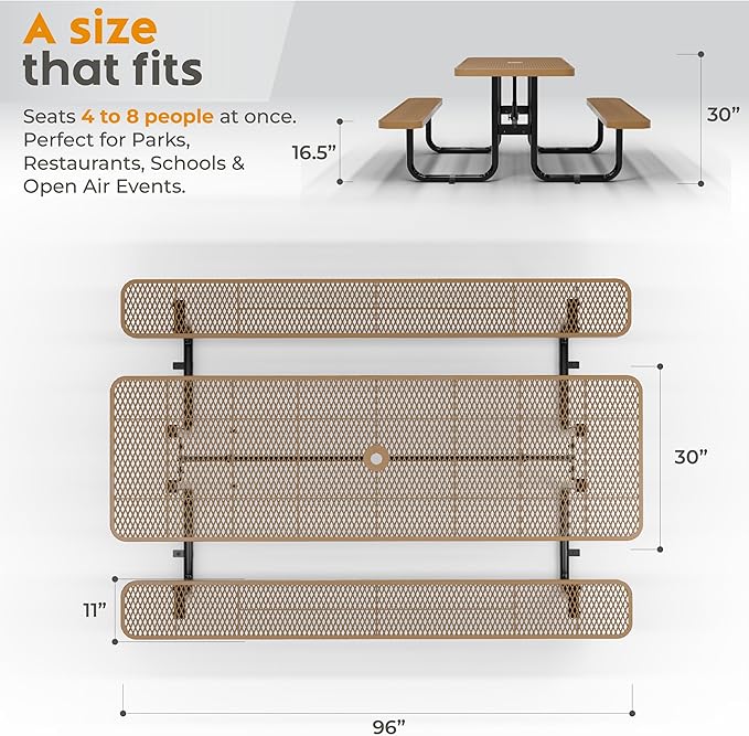 Commercial Heavy-Duty Metal Picnic Table - ADA Compliant, Adjustable Seats, Umbrella Hole, Expanded Metal (Brown, 8' Rectangular)