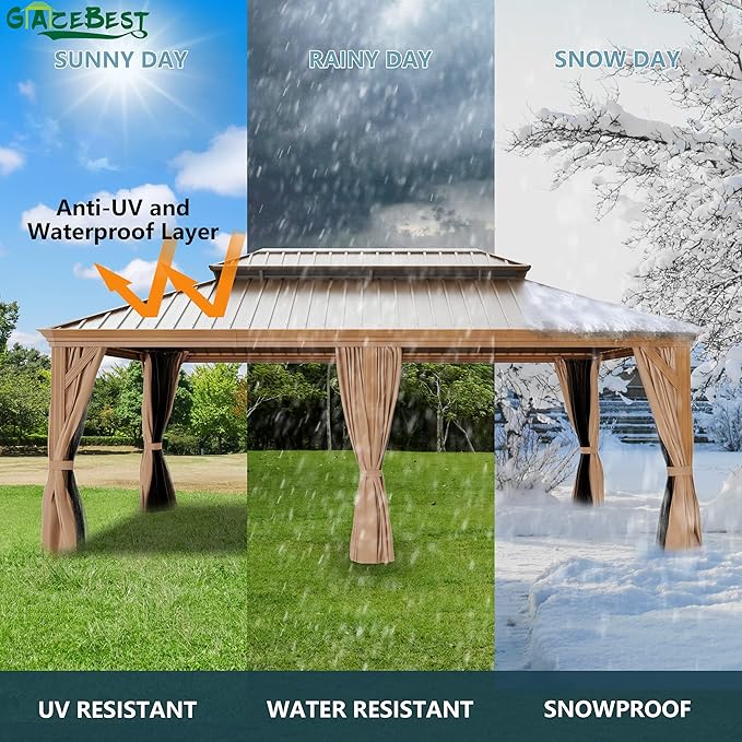 GAZEBEST 14' X 20' Hardtop Gazebo, Outdoor Galvanized Steel Double Roof Permanent Aluminum Frame Pavilion Pergola Canopy with Privacy Curtains for Garden, Patio, Backyard, Deck and Lawns.