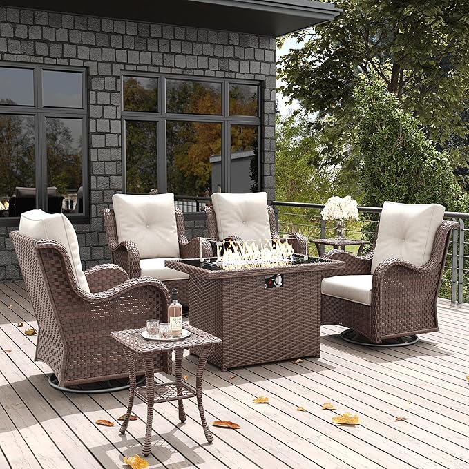 LayinSun 7 Pieces Outdoor Patio Furniture Set with Fire Pit Table, Rattan Wicker Swivel Rocker Chairs Sets with Swivel Glider Chairs and Coffee Table