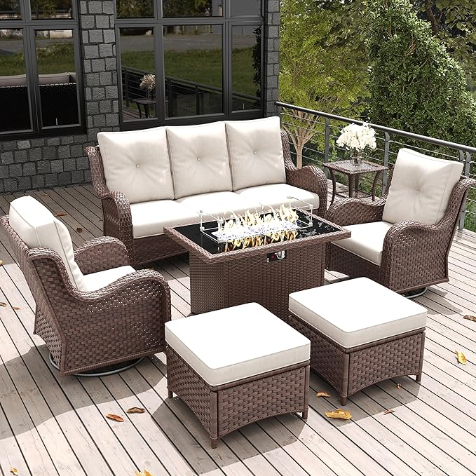 LayinSun 7 Pieces Outdoor Patio Furniture Set with Fire Pit Table, Rattan Wicker Sectional Swivel Rocker Chairs Sets with Ottomans, Swivel Glider Chairs and Coffee Table