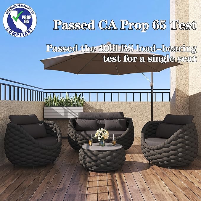 TWT 5 Pieces Patio Furniture Set, Outdoor Rope Conversation Sectional Patio Sofa with 5 Seater for Backyard, Porch, Modern Armchairs with Thickness Cushions and Side Table, Dark Grey