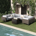 LayinSun 9-Piece Outdoor Modular Wicker Sectional Sofa with Fire Pit Table, Patio Furniture Conversation Set with Deep Seating and Thick Cushions