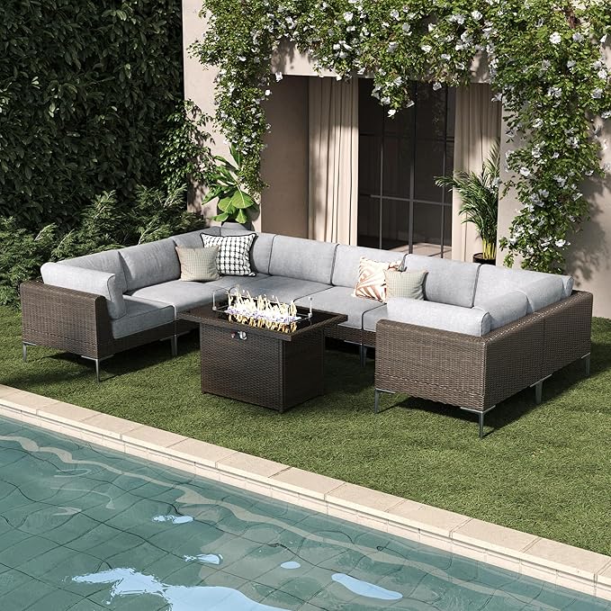 LayinSun 9-Piece Outdoor Modular Wicker Sectional Sofa with Fire Pit Table, Patio Furniture Conversation Set with Deep Seating and Thick Cushions