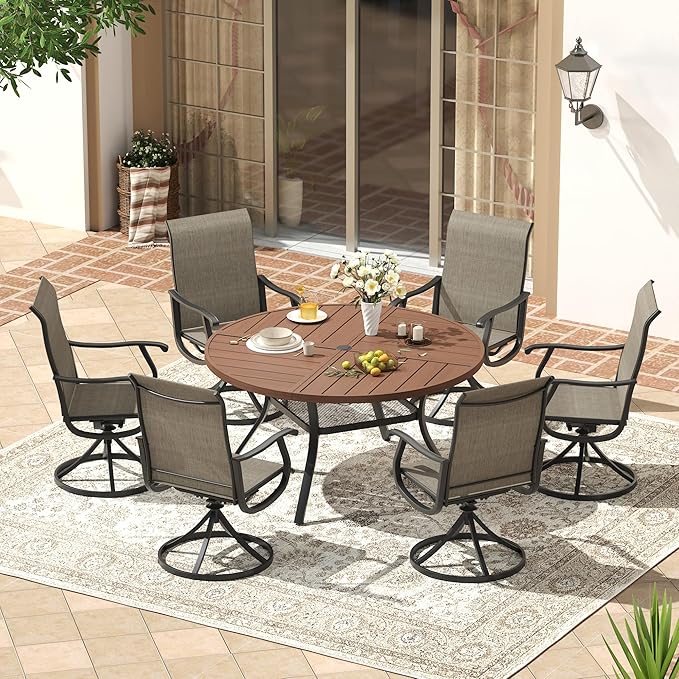 VICLLAX Round Patio Dining Table, 4-6 Person Metal Outdoor Dining Table with Umbrella Hole and Storage Shelf for Garden Lawn Deck, 47.2" Walnut