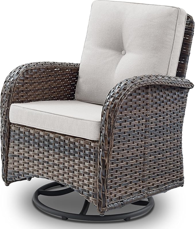 Patio Furniture Swivel Glider PE Wicker Chairs, Outdoor Swivel Rocker Seating with Cushions for Porch Deck Balcony, Brown/Beige