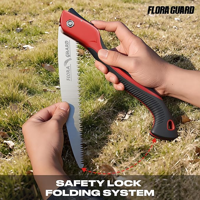FLORA GUARD Folding Pruning Saw, 10-Inch Folding Hand Heavy Duty Saw with Multi-Level Razer Teeth for Camping, Tree Trimming, Wood Cutting, Gardening Tools (Red-10")