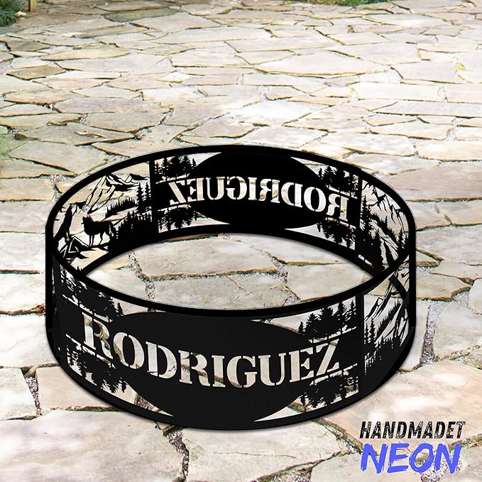 Personalized Wolf Fire Pit Ring Metal Custom Name 360 Degree Cutouts Wilderness Campfire Ring Stove Outdoor BBQs Backyard Camping Garden Decor Gifts Father's Day Campers