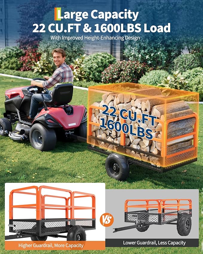 GarveeLife ATV UTV Trailer Tow Behind Dump Cart 22 Cu.ft 1600Lbs Steel, Heavy Duty Pull Behind Utility Dump Trailer for Lawn Mower Trailer Tractor Garden Yard with Removable Rear Panel
