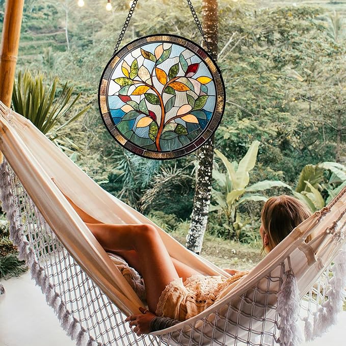 QZQCBLC Stained Glass Window Hanging Colorful Tree of Life 9.8" - Plant Leaves Suncatcher Door Garden Sun Catcher Home Decor Birthday Christmas for Mom Men Woman Nana Friend