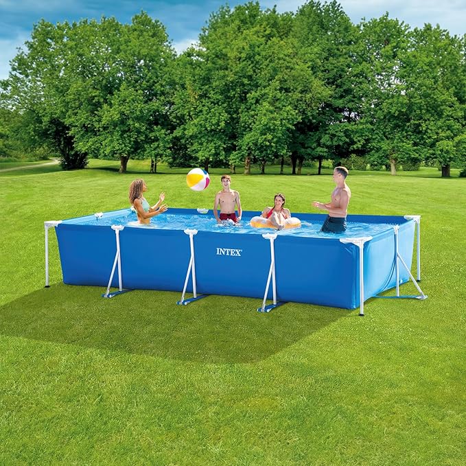 Intex 14.75' x 86" x 33" Rectangular Frame Above Ground Outdoor Backyard Swimming Pool with Flow Control Valve for Quick Draining, Blue - Pool Only
