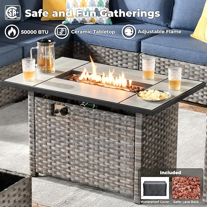 ovios 9 Pieces Patio Furniture Set, Outdoor Wicker Sectional Sofa with 42" Fire Pit Table Swivel Chair, Modern Modular Deep Seat Rattan Couch Conversation Sets, Denim Blue