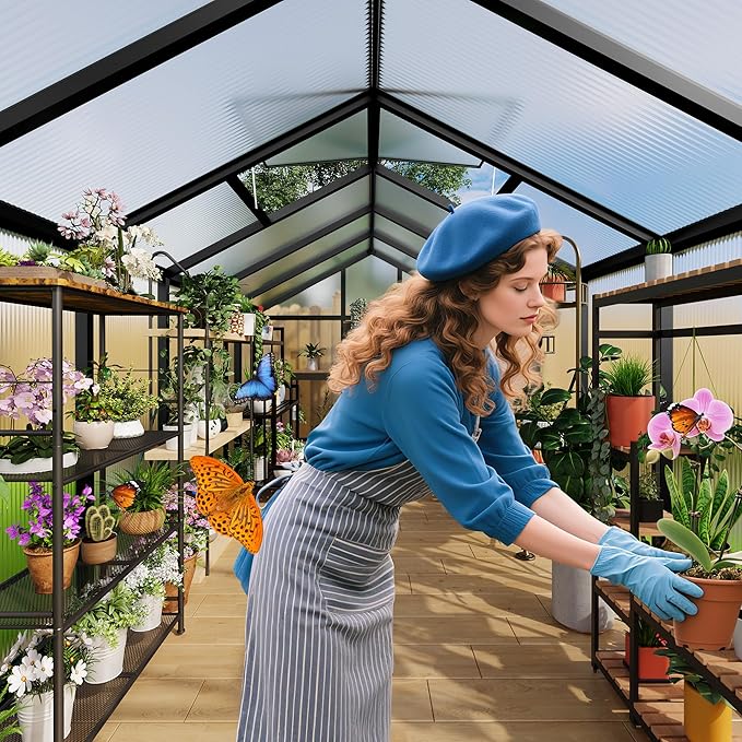 6×6 FT Greenhouse, Large Walk in Greenhouses for Outdoors and Garden Planting, Polycarbonate Greenhouse with Enhanced Aluminum Frame, Green Houses with Quick Setup Structure and Roof Vent, Black