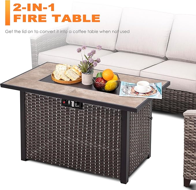 Nuu Garden 43 Inch Outdoor Propane Fire Pit Table 50000 BTU, Patio Gas Fire Pit with Ceramic Tabletop, Weather-Resistant Backyard Fire Table with Oxford Cover, Dark Brown and Coffe