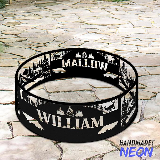 Personalized Bear Fire Pit Ring Wildlife Forest Stainless Steel Custom Name 360 Degree Campfire Ring Stove Outdoor BBQs Backyard Camping Garden Decor Gifts Father Nature Lover