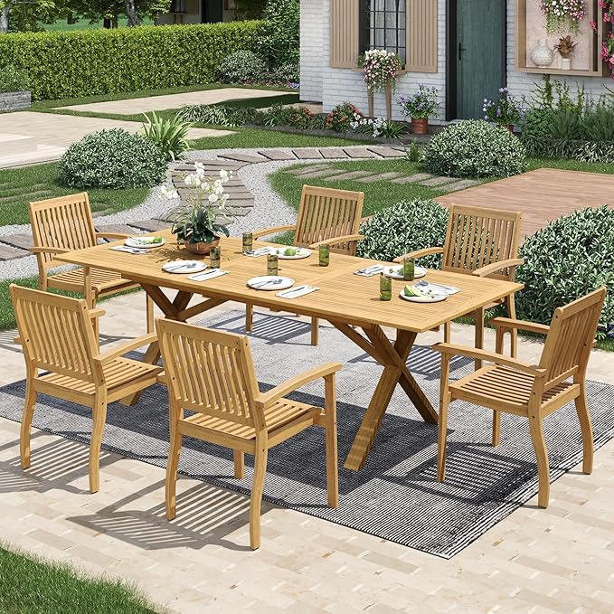 MIXPATIO Acacia Wood Outdoor Dining Set, 7 Pieces Patio Dining Table and Chairs Set, Expandable Dining Table(1.97" Umbrella Hole) and 6 Wooden Chairs, Patio Furniture Set for Deck Poolside Backyard