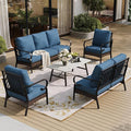 SUNSHINE VALLEY 5 Piece Metal Outdoor Patio Furniture Set, Patio Conversation Sets 3-Seater Sofa, 2-Seater Sofa, 2 Fixed Chair with 5.75" Thick Cushion & Coffee Table Black Backyard Furniture, Blue-2