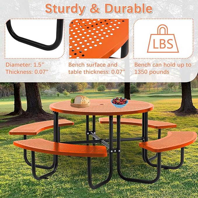 KUFUH 46" Coated Round Metal Picnic Table for 4-8 Person, Durable Heavy Duty Commercial Picnic Table with Umbrella Hole for Outdoor Coffee Shop, School, Easy to Install, Orange