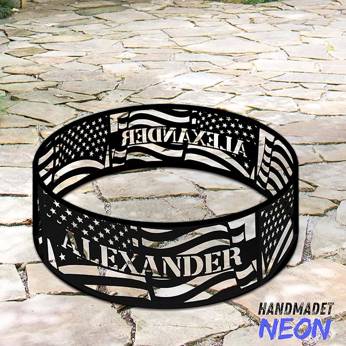 Personalized Fire Pit Ring American Flags US USA Flag Metal Custom Name 360 Degree Campfire Ring Stove Outdoor BBQs Backyard Camping Garden Decor Gifts Father's Day Camper Veteran