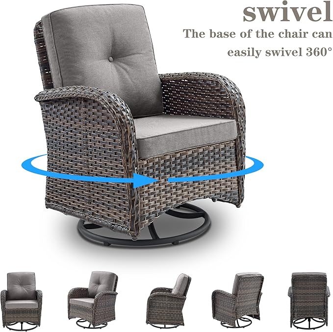 Patio Furniture Swivel Glider PE Wicker Chairs, Outdoor Swivel Rocker Seating with Cushions for Porch Deck Balcony, Brown/Gray