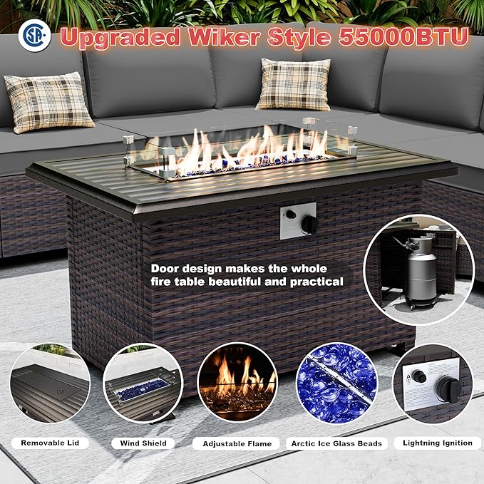 Outdoor Patio Furniture Set with Gas Fire Pit Table, 7 Pieces Patio Furniture Set Outdoor Sectional Sofa w/43in Propane Fire Pit, PE Wicker Rattan Patio Conversation Sets -Grey