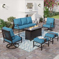 SUNSHINE VALLEY 6 Piece Metal Outdoor Patio Furniture Set with Firepit Table, Patio Conversation Set 3-seater Sofa, 2 Swivel Chair, 2 Ottoman with 5.75" Thick Cushion, Black Backyard Furniture, Blue-2