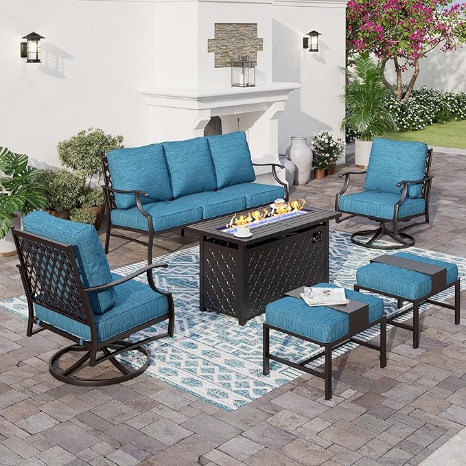 SUNSHINE VALLEY 6 Piece Metal Outdoor Patio Furniture Set with Firepit Table, Patio Conversation Set 3-seater Sofa, 2 Swivel Chair, 2 Ottoman with 5.75" Thick Cushion, Black Backyard Furniture, Blue-2