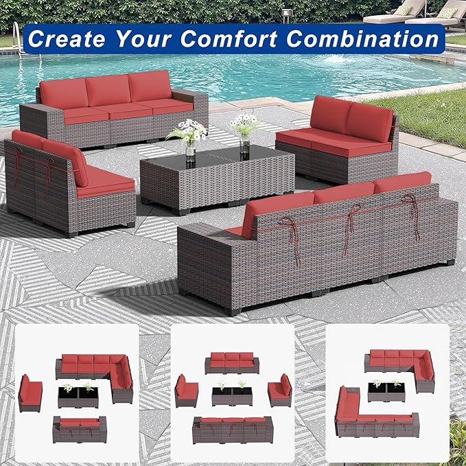 Outdoor Patio Furniture Set, 12 Pieces Outdoor Sectional Furniture High Backrest Patio Sofa, All-Weather PE Rattan Patio Conversation Set with Coffee Table & Cushions(Red).