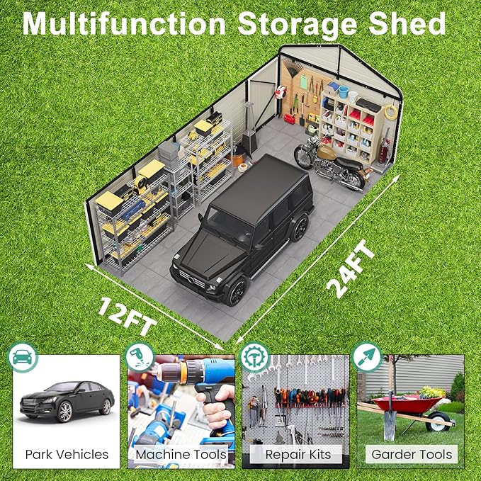 EROMMY 12x24 FT Heavy Duty Carport - Galvanized Steel Frame Car Shelter with Reinforced Base, Enclosed Storage Shed for Cars & Trucks, Gray