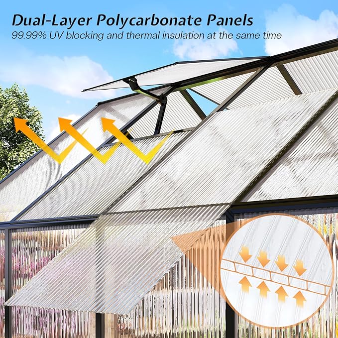 Jocisland 6x12x6.3 FT Polycarbonate Walk-in Greenhouse with Dual Doors and Roof Vents, Outdoor Garden Greenhouse, Black