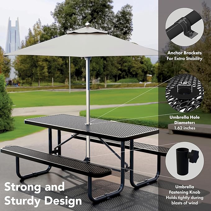 Commercial Heavy-Duty Metal Picnic Table - ADA Compliant, Adjustable Seats, Umbrella Hole, Expanded Metal (Black, 6' Rectangular)