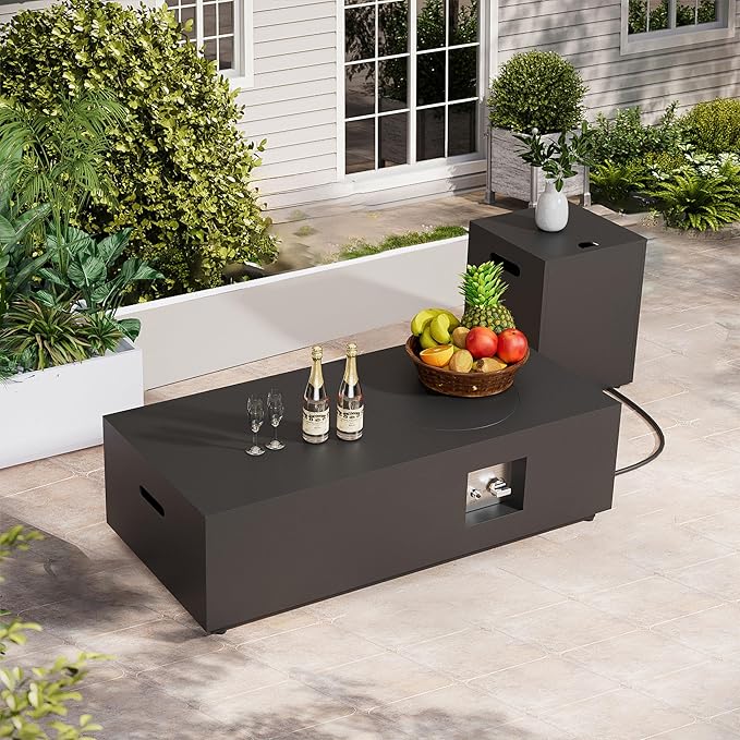 Dineli 2-Piece Outdoor Propane Fire Pit Table Set w Tank Table 48'' Rectangular Firepit Gas Fire Pits for Outside Patio Fire Table Tabletop Fire Pits w CSA Certified, 50,000 BTU, Black