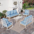SUNSHINE VALLEY 6 Piece Metal Outdoor Patio Furniture Set, Patio Conversations Set 3-Seater Sofa, 2-Seater Sofa, 2 Rocking Chair with 5.75" Thick Cushion & Coffee Table White Backyard Furniture, Blue