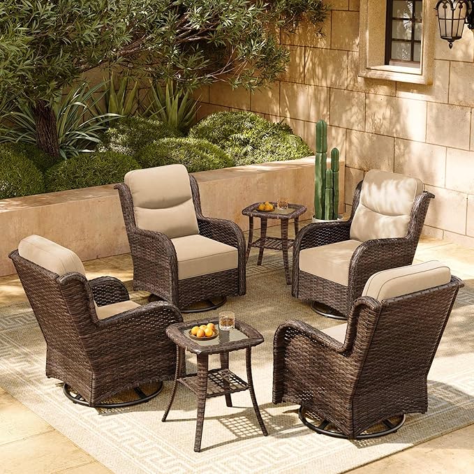 HILLGA Luxury Patio Furniture Set with 6-inch Thick Cushion, Outdoor High Back Swivel Rocker Patio Chairs, 6PCS Wicker Conversation Set for Deck Yard and Poolside, Beige (V2)